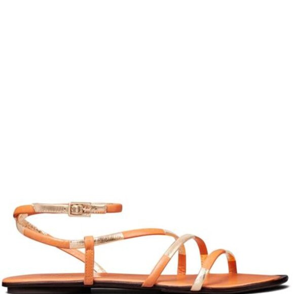 Tory Burch Split Mignon Multi Strap Flat Sandal in Orange and Gold - Picture 2 of 5